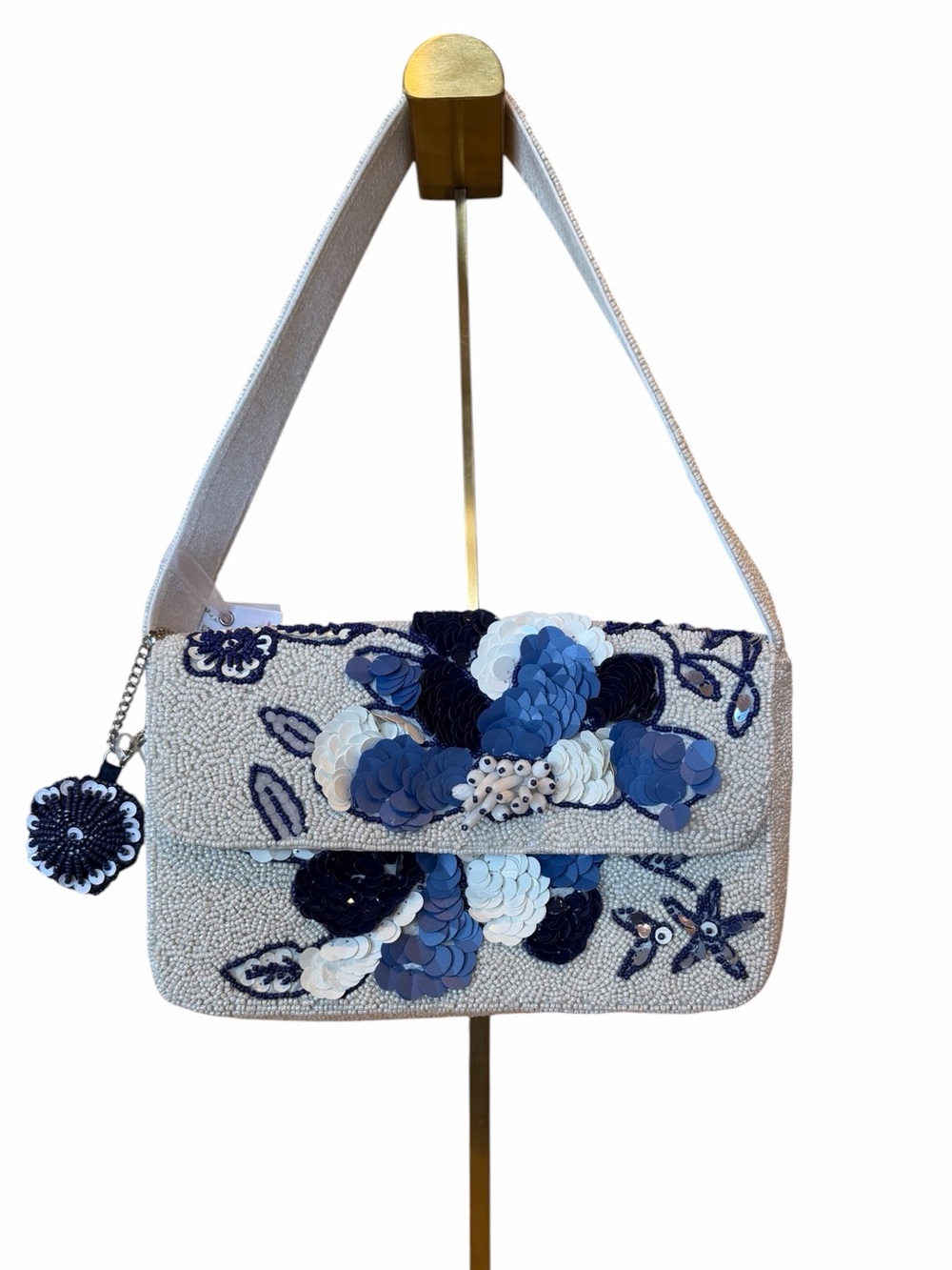 White & Blue Beaded Floral Shoulder Bag
